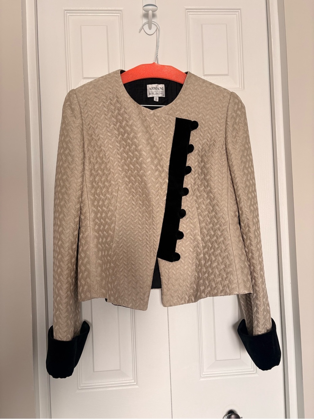 Armani Collezioni - Vintage Light Taupe Silk/Wool Jacket with Black Velvet Trim